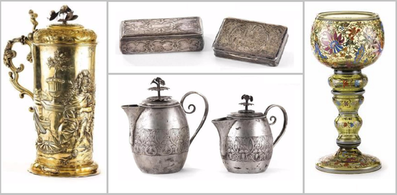 Старинные антикварные вещи столовое серебро чаши чайник портсигар старинная эмаль