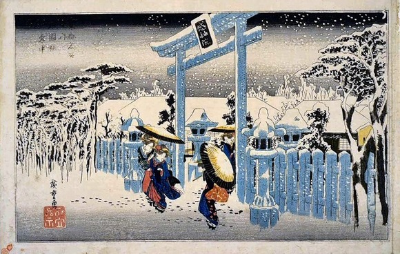 картина японского художника  Андо Хиросигэ (1797-1858) Храм Гион в снегу.