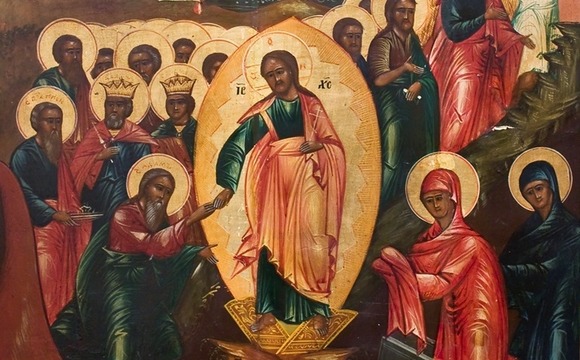 праздничная антикварная икона фрагмент Воскресение Христово православная живопись
