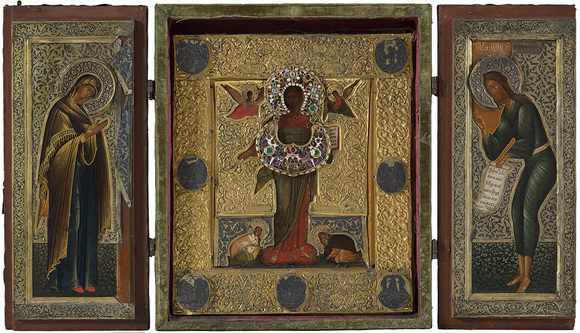 Старинная икона в окладе «Спас Смоленский» в киоте-складне17 век