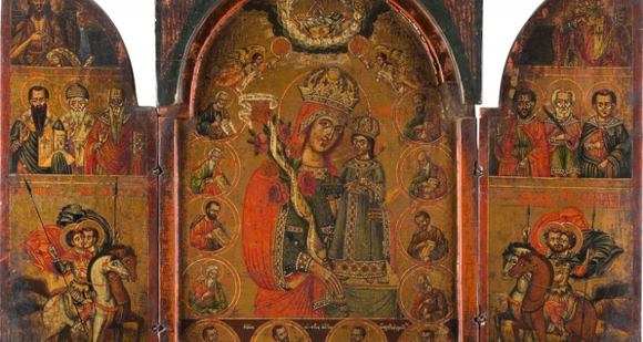 старинная антикварная икона складень Богородица православная живопись