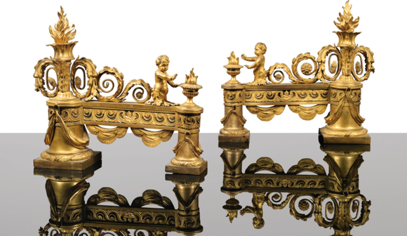 антикварная кабинетная бронза A pair of gilt-bronze chenets, Louis XVI.