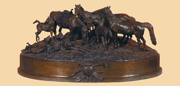 антикварная старинная бронзовая скульптура композиция Лансере Евгений Табун кабардинских лошадей возвращающихся с поля  1878 бронза литье