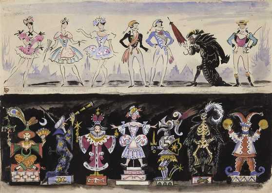 Добужинский старинный эскиз костюмов 14 персонажей к балету «Коппелия» 