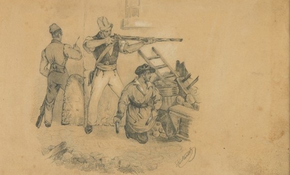 антикварная графика На баррикадах (1855 г.) Лемох Карл Викентьевич. Бумага, карандаш