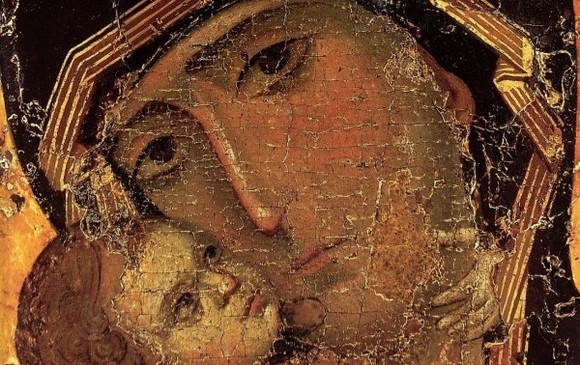 старинная русская икона Владимирской Божией Матери фрагмент